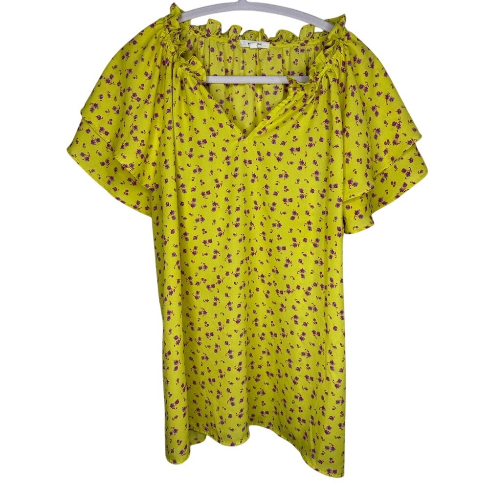 PLEIONE Yellow Floral Ruffled Tiered Sleeves Short Sleeved Blouse Large